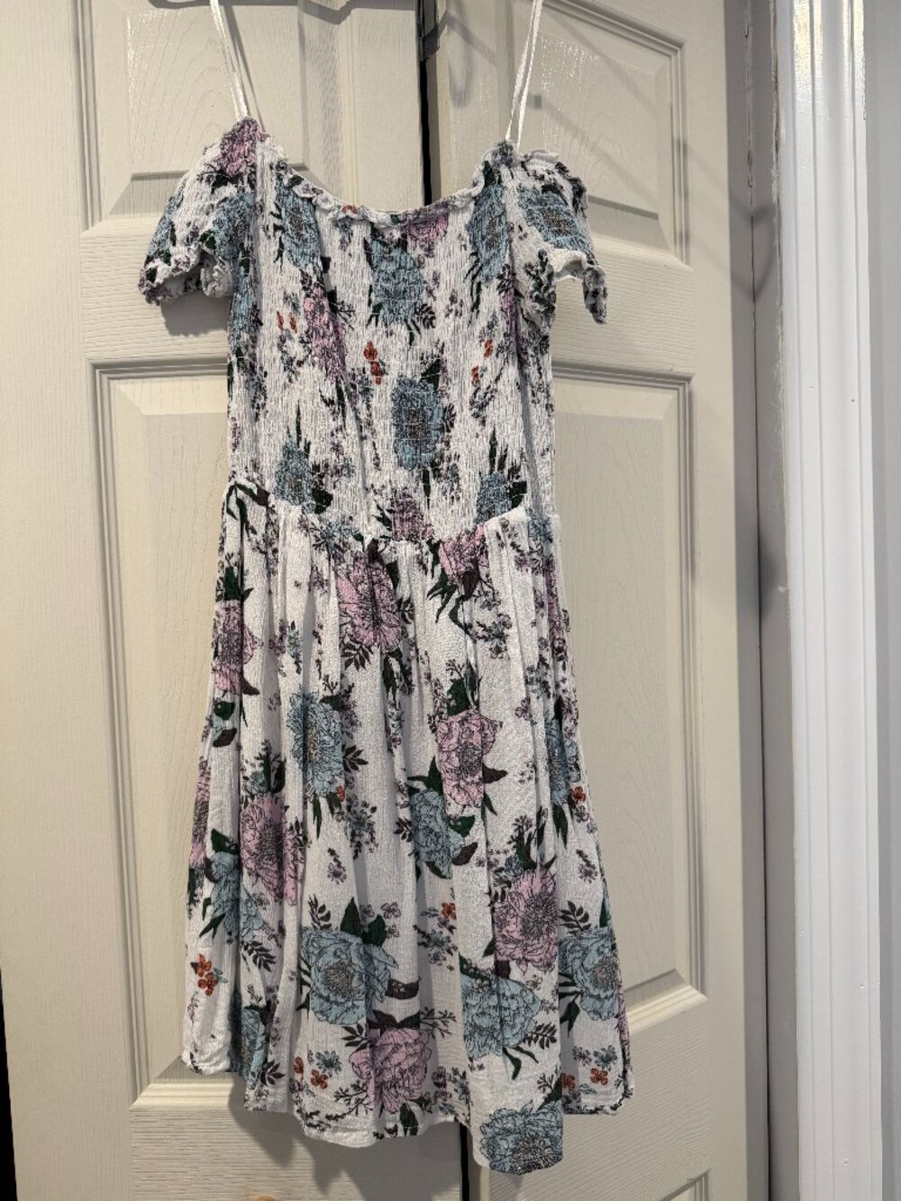 H&M Divided White Floral Smocked Off-The-Shoulder Babydoll Mini Dress S
